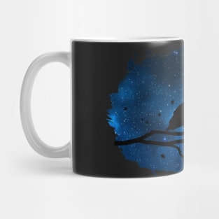 Owl on a tree and galaxy sky (blue) slhouette - Birds lover - Animals lover - Vegan Mug